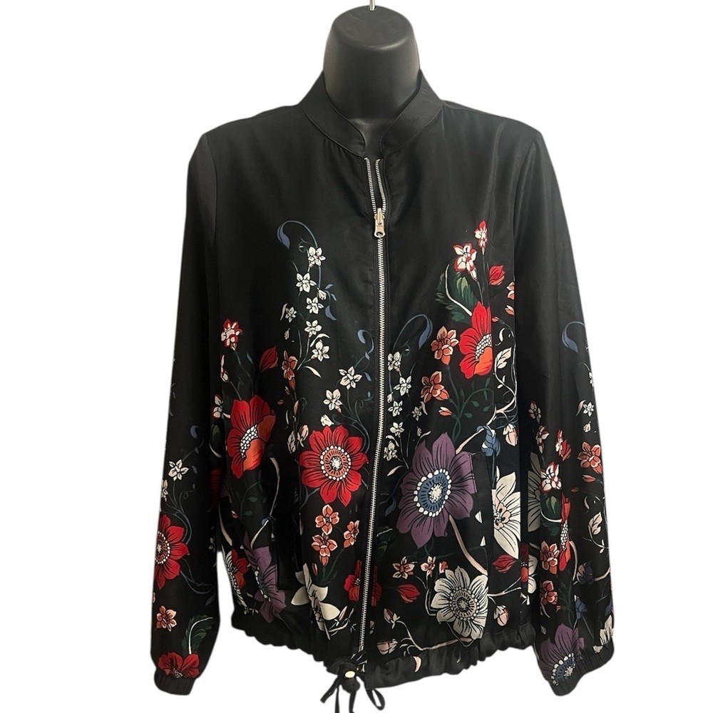 Chico's Black Floral Bomber Full Zip Jacket Sz 0 US 4